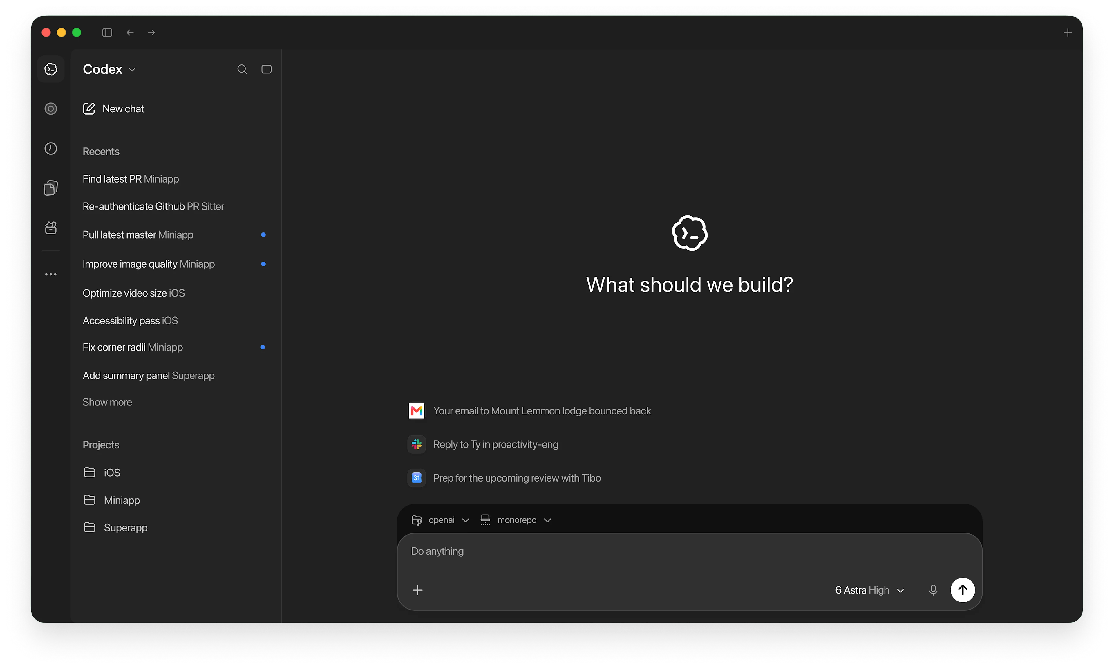 OpenAI Codex desktop app, with recent projects and a prompt asking What should we build?